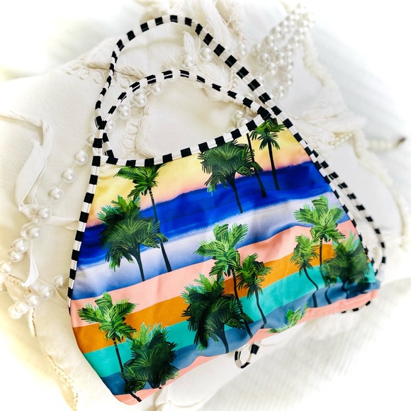 SALINAS | S | High Neck Palm Coral Sunset Bikini Black White Striped Sport Top - Picture 2 of 16